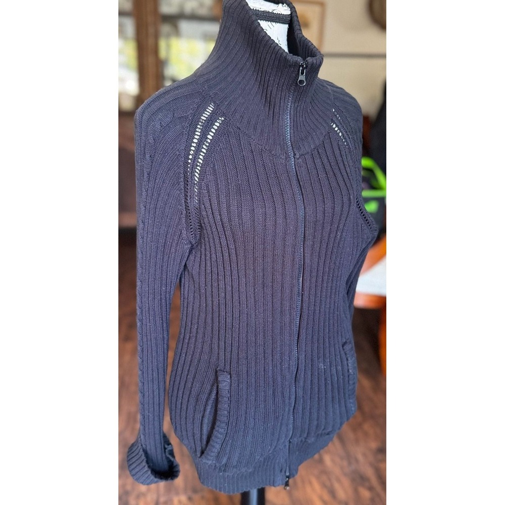 prAna Y2K Women's L Black Ribbed Cotton Full Zip Sweater Jacket 2000s